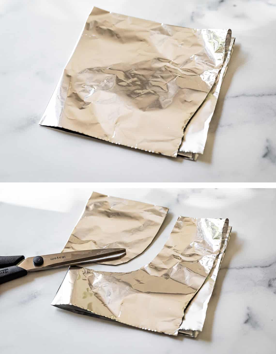 top pic: square foil piece folded twice into quarters, bottom scissors cutting center circle out.
