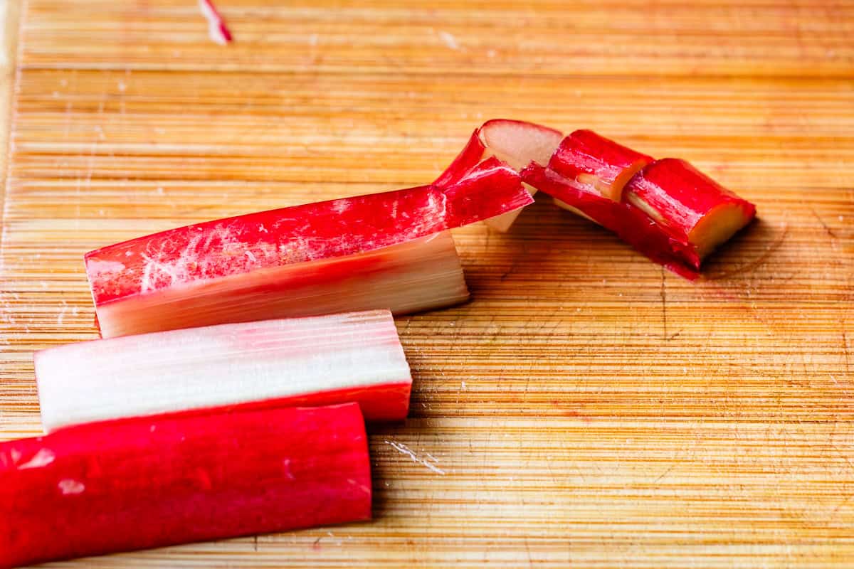 chopped rhubarb with some ribbony string still attached that the knife struggled to cut through.