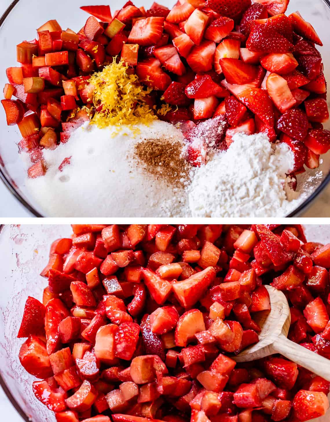 top pic: pie strawberry, rhubarb, sugar and more unmixed in glass bowl, bottom everything all mixed.