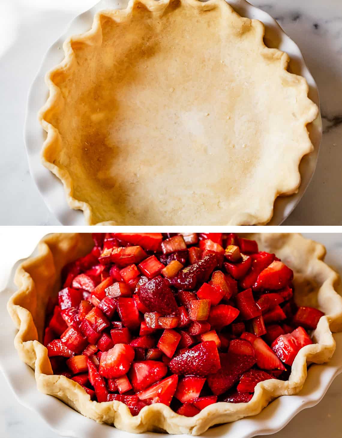 top pic: pie shell fluted in pie pan, bottom: strawberry rhubarb filling poured into shell.