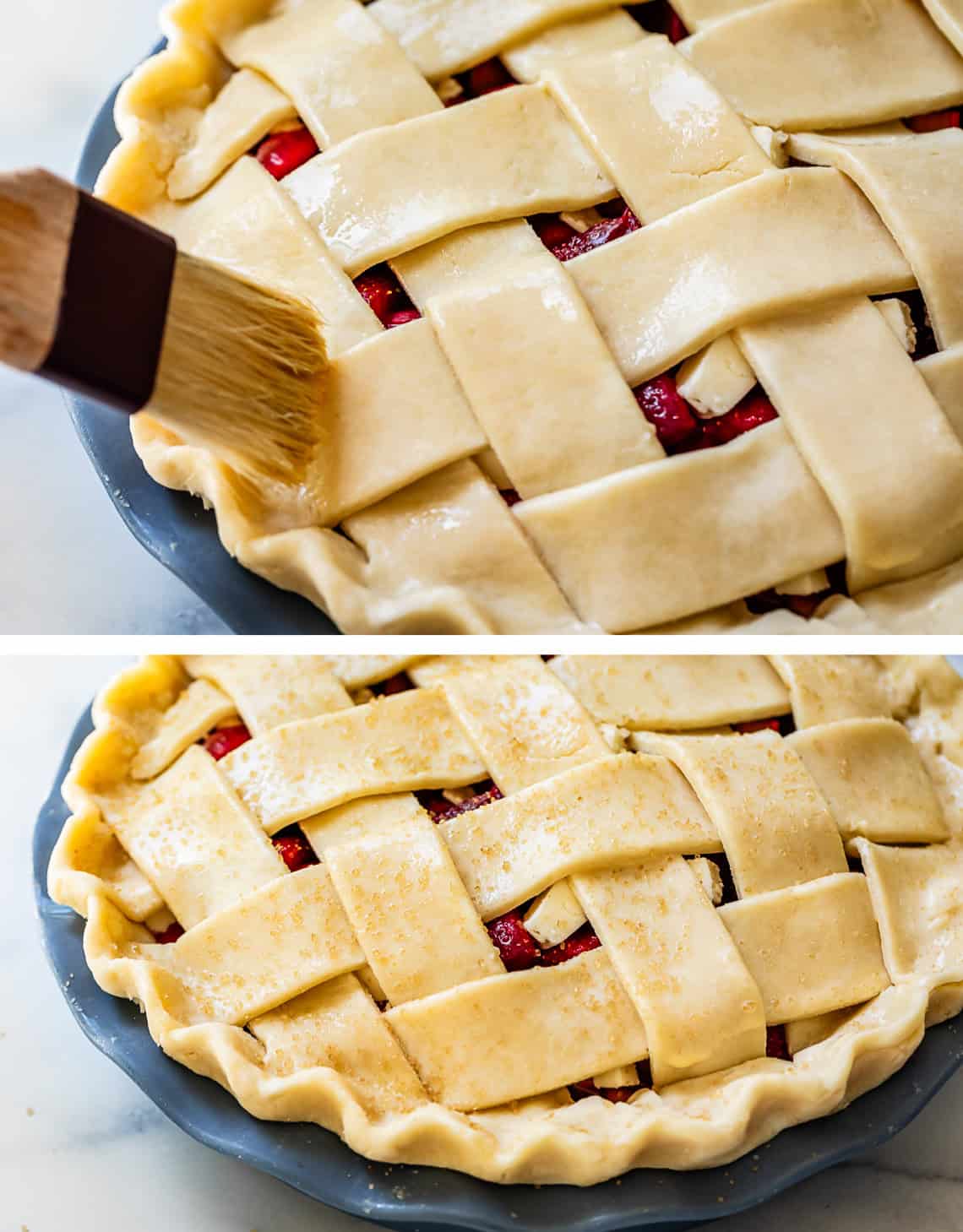 top pic: pastry brush spreading milk over lattice crust, bottom sugar sprinkled over top.