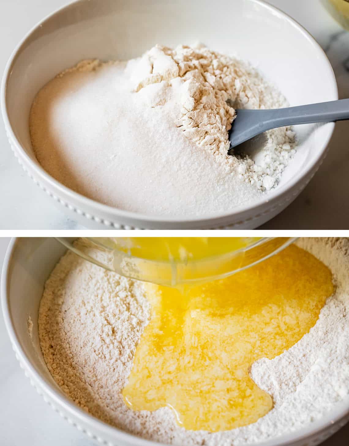top pic: flour and sugar in a ceramic bowl, bottom melted butter being poured into bowl.