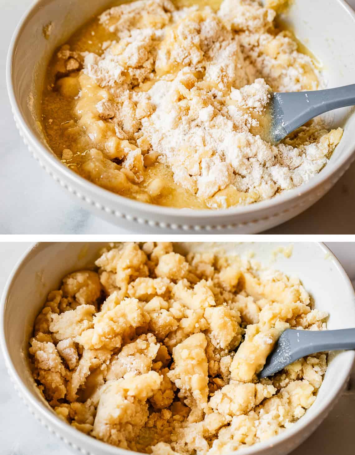 top pic: stirring melted butter into flour mix, bottom everything almost completely mixed.