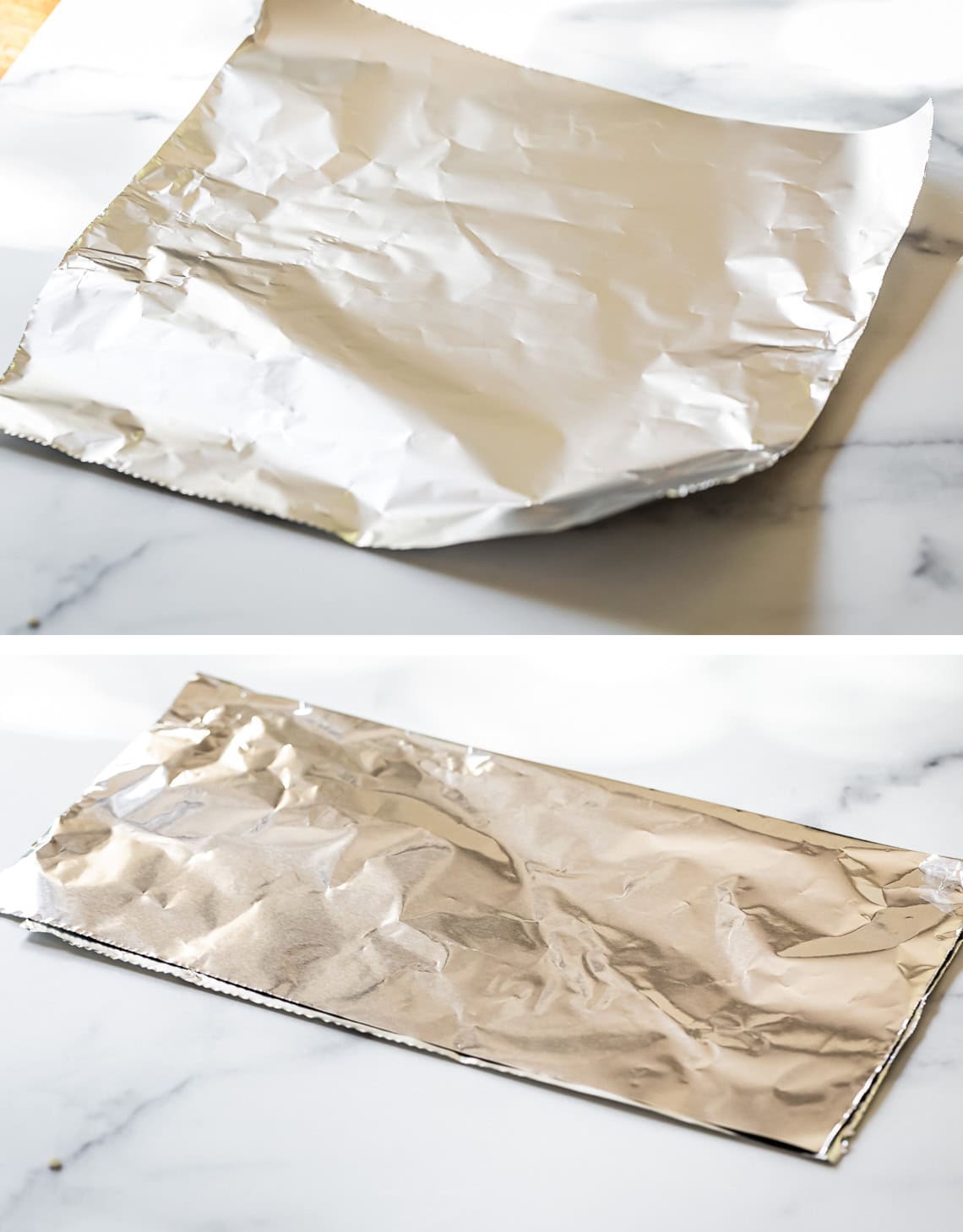 top pic: a square piece of foil, bottom the square folded in half to make a pie shield.