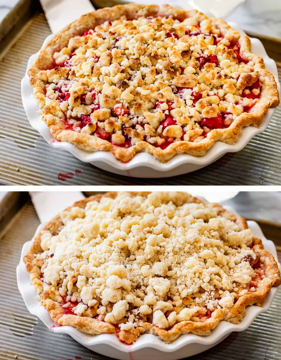 top pic: pie with some baked streusel on top, bottom more streusel added on top of already baked.