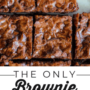 Six fudgy chocolate chip brownies cut into squares on a white surface, with the text: “The only brownie recipe you’ll ever need – The Food Charlatan” printed below these irresistible brownies.