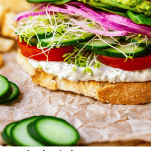 pinterest image of veggie sandwich with text "hot girl summer veggie sandwiches".