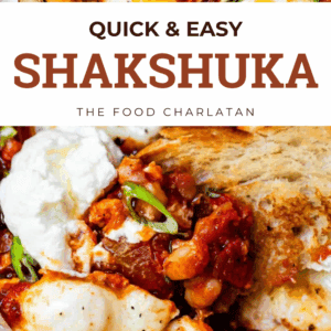 Close-up of shakshuka in a skillet with eggs, tomato sauce, and herbs, served with toast. Text reads Quick & Easy Shakshuka and The Food Charlatan over this classic Middle Eastern dish.
