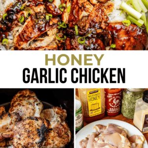Collage featuring honey garlic chicken: top image shows sliced chicken with sauce over rice and green onions; bottom left has chicken cooking in a skillet; bottom right displays raw chicken and ingredients.