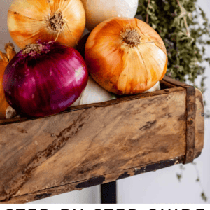 pinterest image of onions with text "step by step guide how to cut an onion".