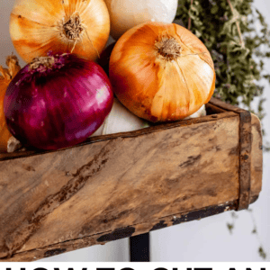 pinterest image of onions with text "how to cut an onion, a step-by-step guide".