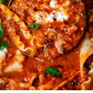 pinterest image of a ladle full of lasagna soup with text "lasagna soup to end them all".