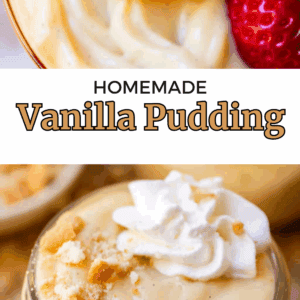 A creamy bowl of vanilla pudding with a spoonful and a strawberry, alongside a mason jar layered with vanilla pudding, whipped cream, and cookie crumbs. Text reads “Homemade Vanilla Pudding.”.