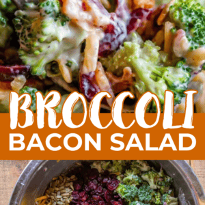 A metal bowl filled with a broccoli salad with bacon, dried cranberries, shredded cheddar cheese, sunflower seeds, and red onion.