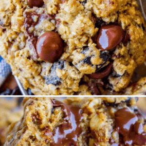 Close-up shots of Dark Chocolate Cherry Oatmeal Cookies; the top image highlights a whole cookie with melty chocolate and cherries, while the bottom reveals a broken cookie with a gooey dark chocolate and cherry center.