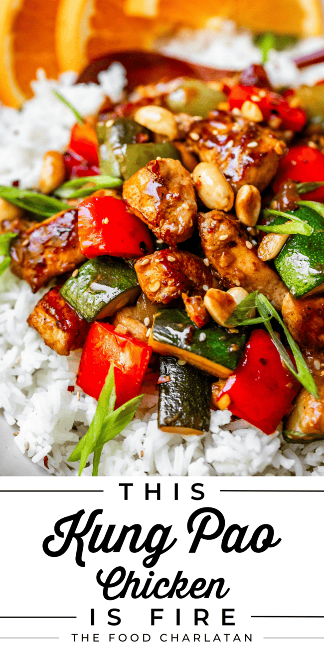 Pin image of kung pao chicken on rice with bright vibrant veggies and peanuts.