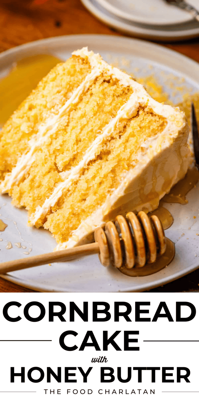 pinterest image of cake with text "cornbread cake with honey butter".