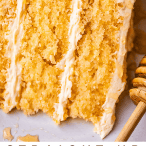 pinterest image of cake with text "straight up cornbread cake with honey buttercream".