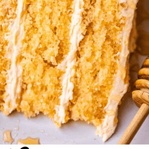 pinterest image of cake with text "cornbread cake honeybutter frosting".