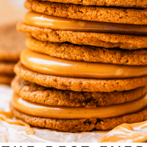 pinterest image of cookies with text "the best ever salted caramel sandwich cookies".