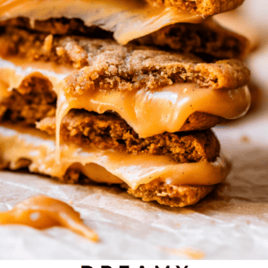 pinterest image of cookies with text "dreamy salted caramel sandwich cookies".