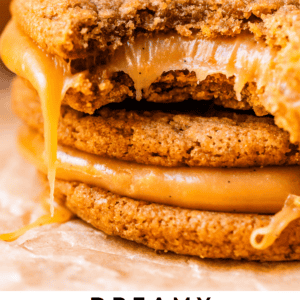 pinterest image of cookies with text "dreamy salted caramel sandwich cookies".