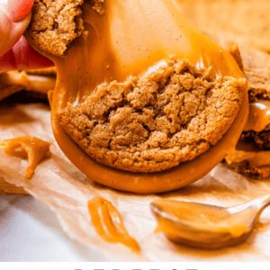 pinterest image of cookie with text "perfect salted caramel sandwich cookies".
