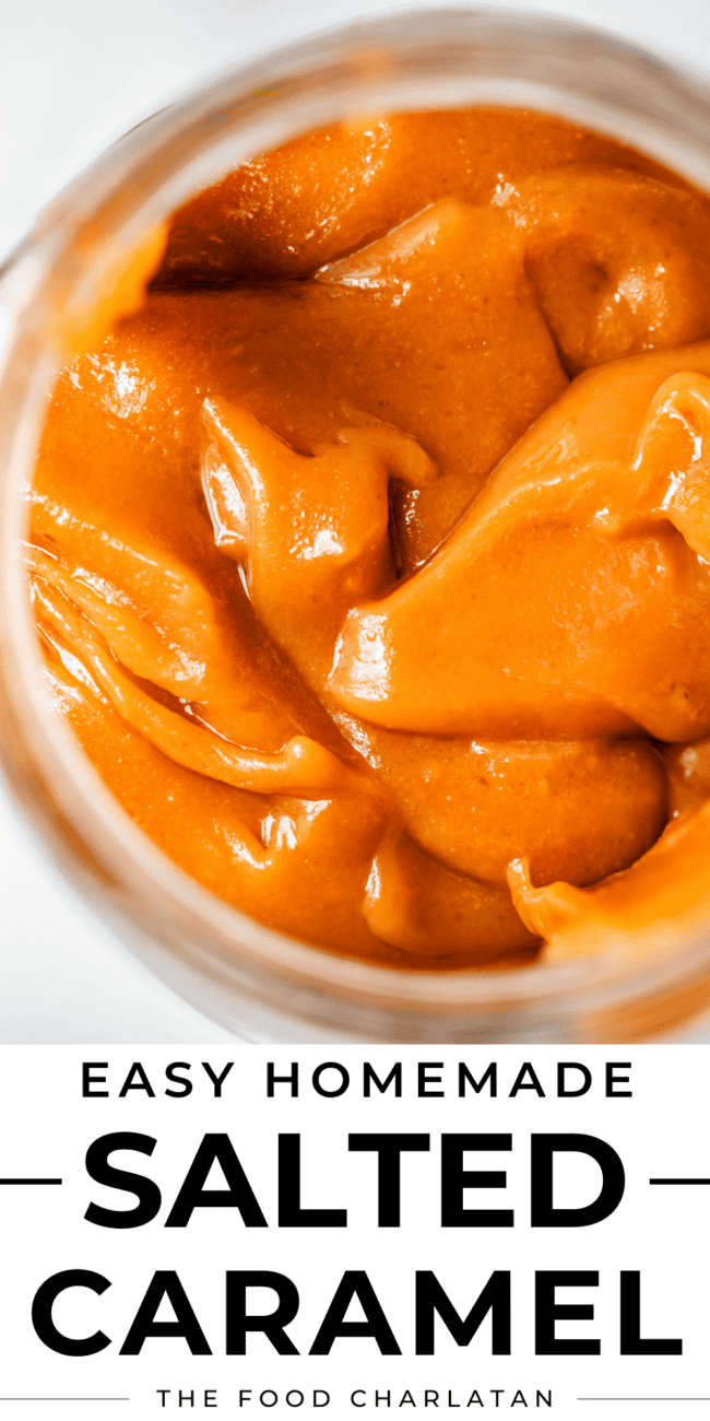 easy homemade salted caramel in a mason jar from above pin.