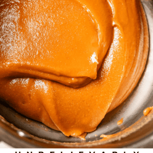 unbelievably fudgy salted caramel in a pot from above pin.