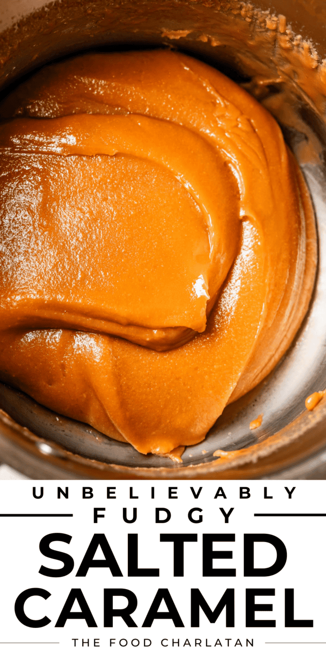 unbelievably fudgy salted caramel in a pot from above pin.