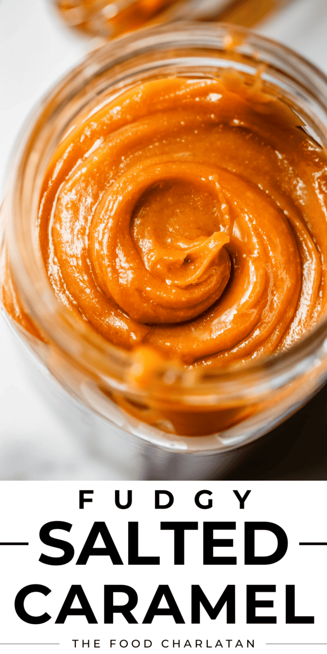 swirl of slated caramel in mason jar from above pin.