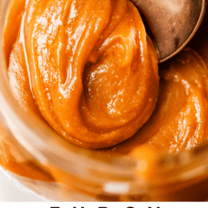 close up of fudgy salted caramel with vintage spoon pin.