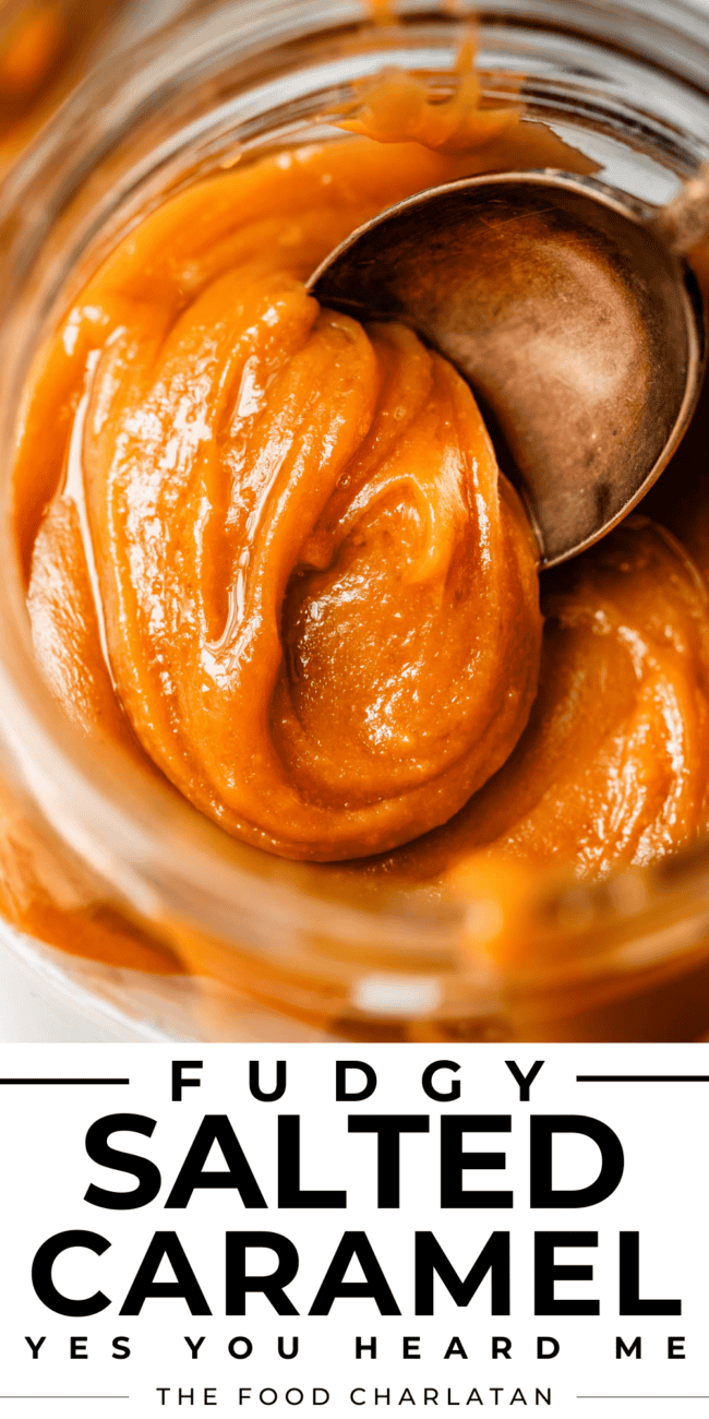 close up of fudgy salted caramel with vintage spoon pin.