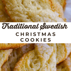 Close-up of golden, flaky Swedish Sour Cream Twists (Layered Yeast Cookies) with a white label in the center reading “Traditional Swedish Christmas Cookies” in brown text.