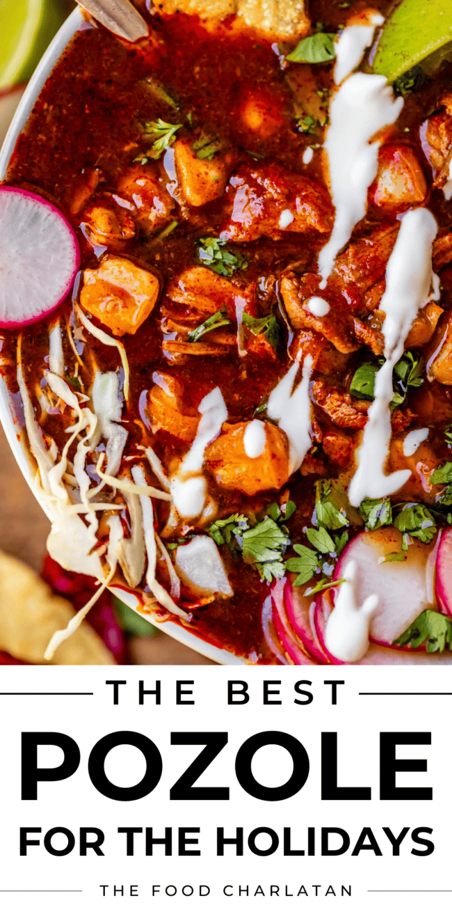 sour cream drizzled over posole in a white bowl with radishes.