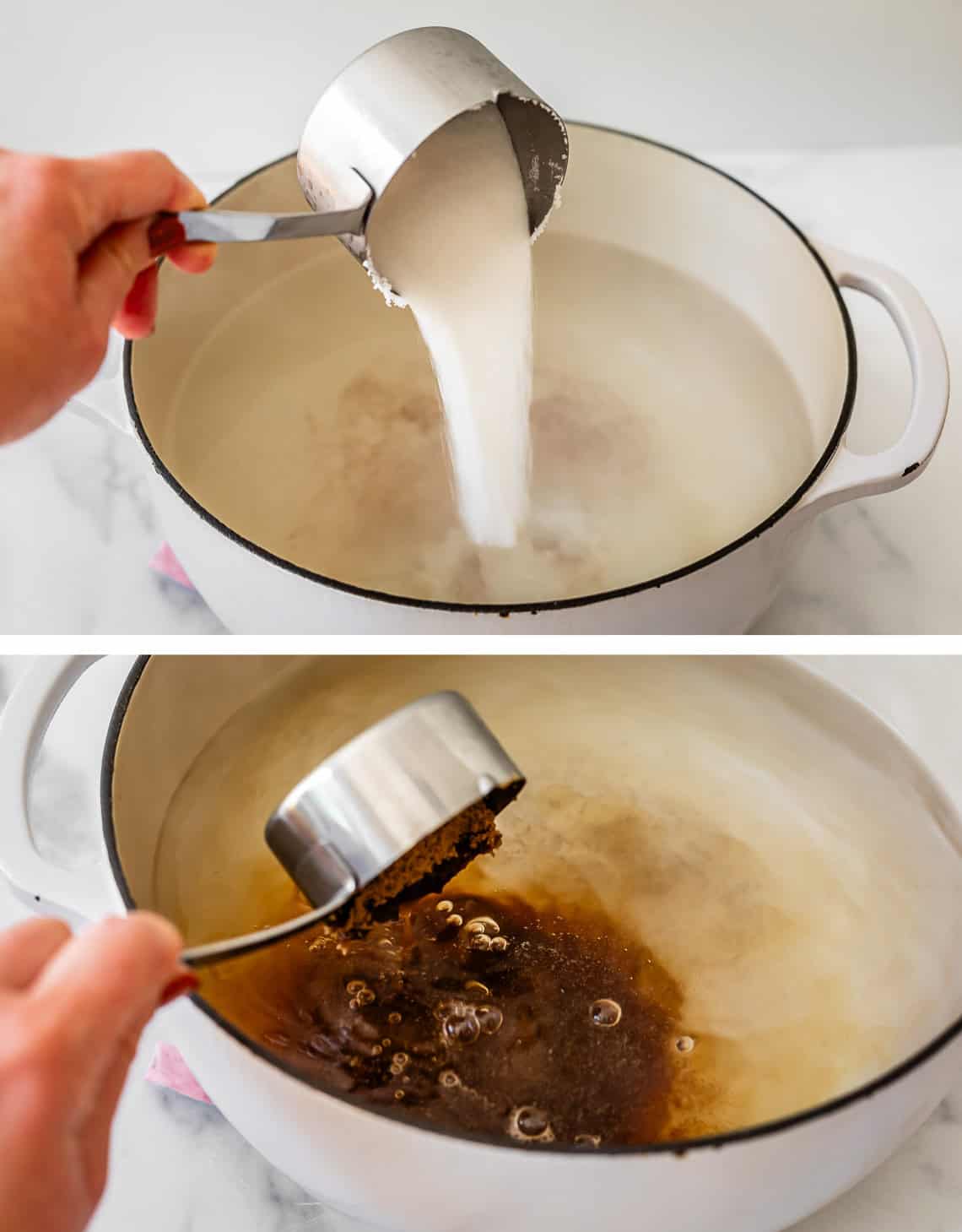 hand pouring white sugar and brown sugar into a stockpot with water in it.