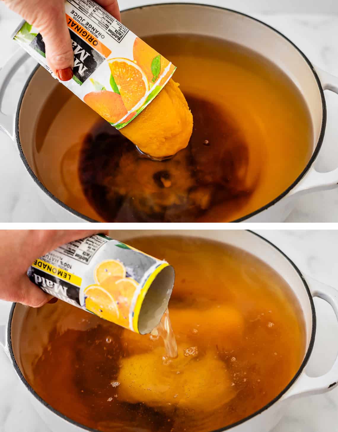 top: hand adding frozen orange juice concentrate; bottom: adding frozen lemonade concentrate.