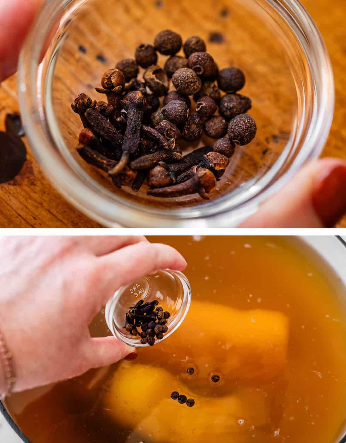 top: glass bowl with whole cloves and allspice berries in it; bottom: hand pouring them into pot.