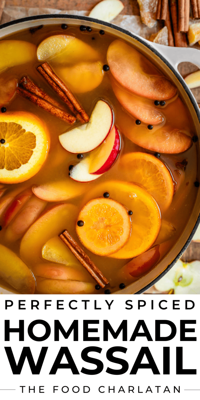 pinterest image of wassail in a pot with text "perfectly spiced homemade wassail".