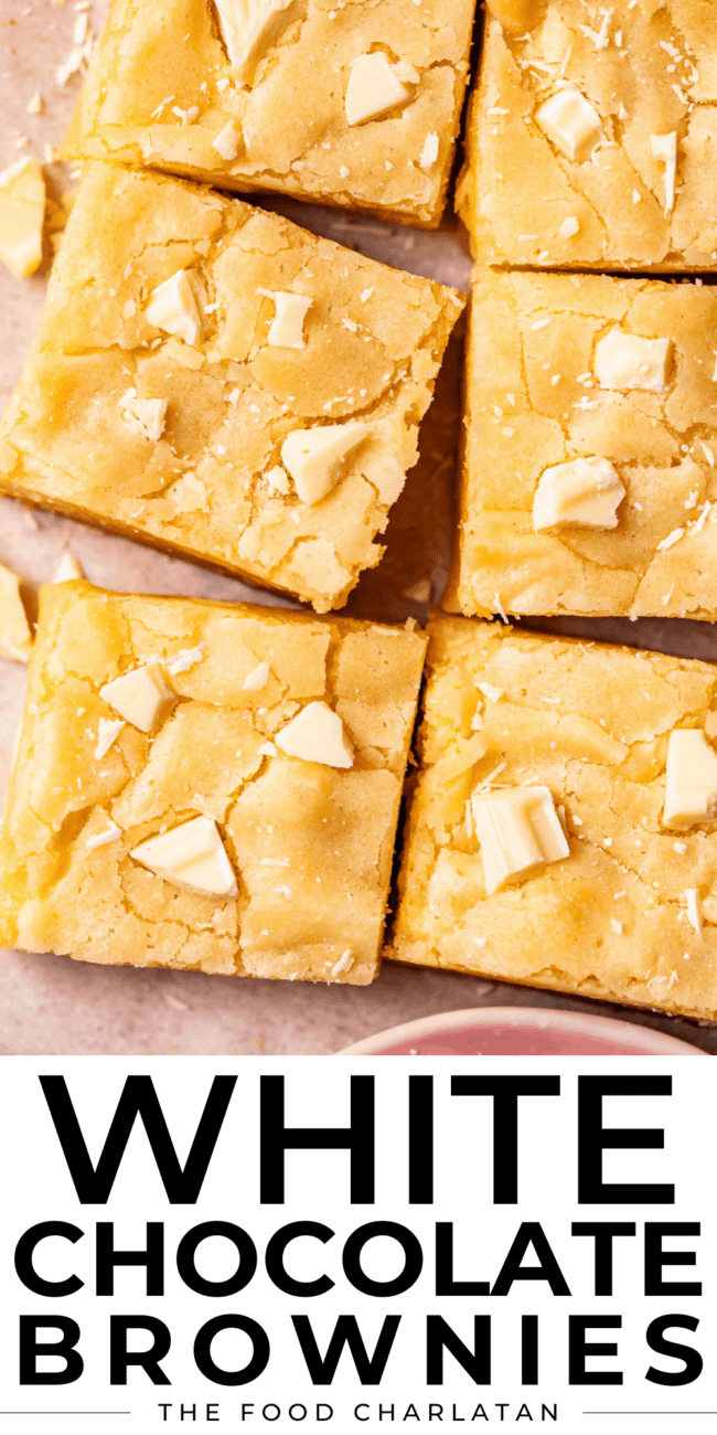overhead shot of white chocolate brownies cut into squares.