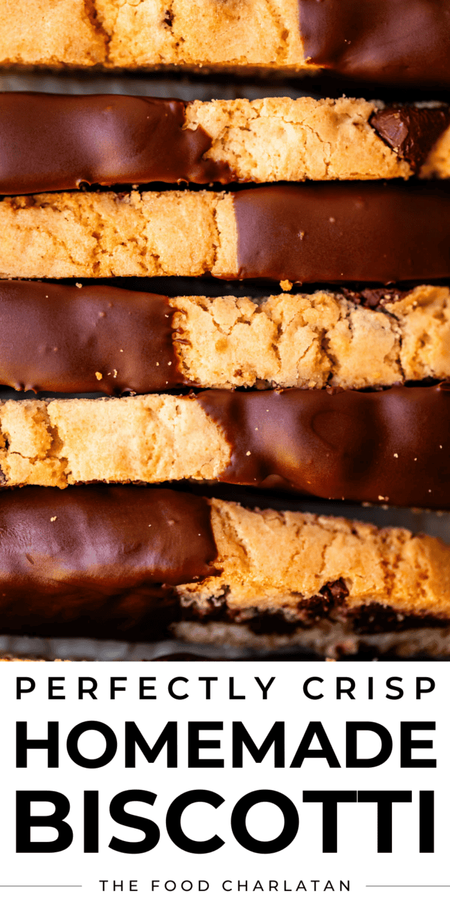 pin image of dipped biscotti with text "perfectly crisp homemade biscotti".