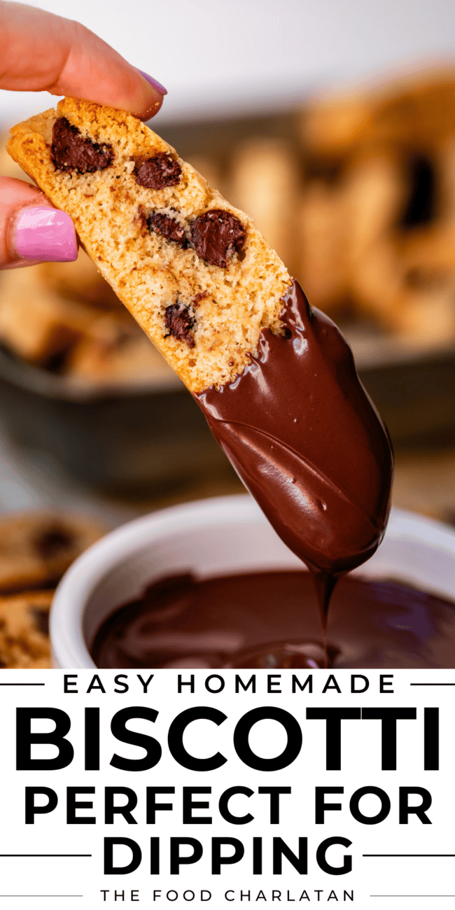 pin image of hand dipping biscotti in chocolate and text "easy homemade biscotti perfect for dipping".