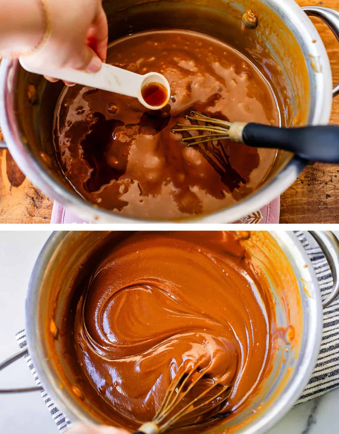 top hand pouring vanilla from a measuring spoon, bottom swirled, finished caramel in pot.