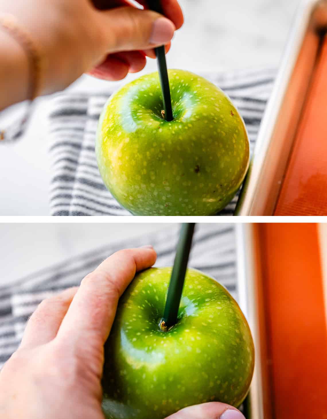 top: hand placing stick in granny smith apple, bottom hand holding apple with stick in it.