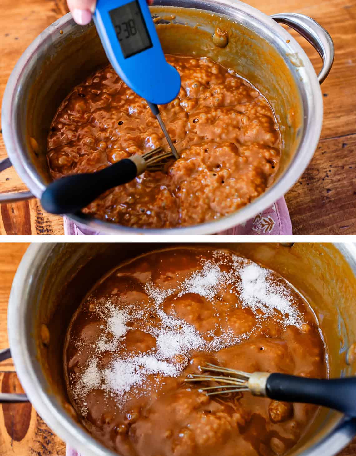 top instant thermometer reading 238 degrees in caramel, bottom adding salt to caramel.