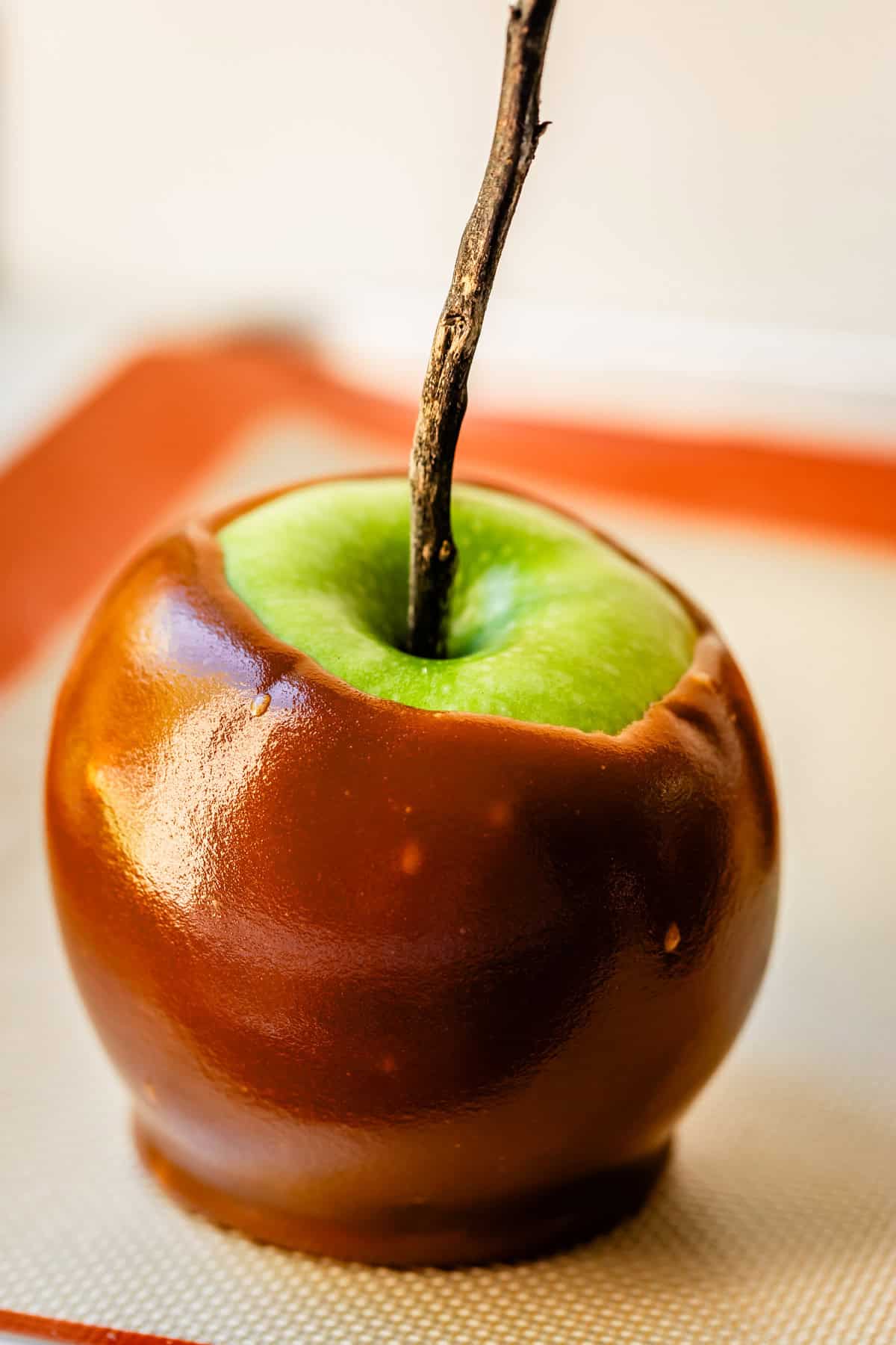Single caramel apple with green skin viewable above the caramel coating and a dark twig as the stick.