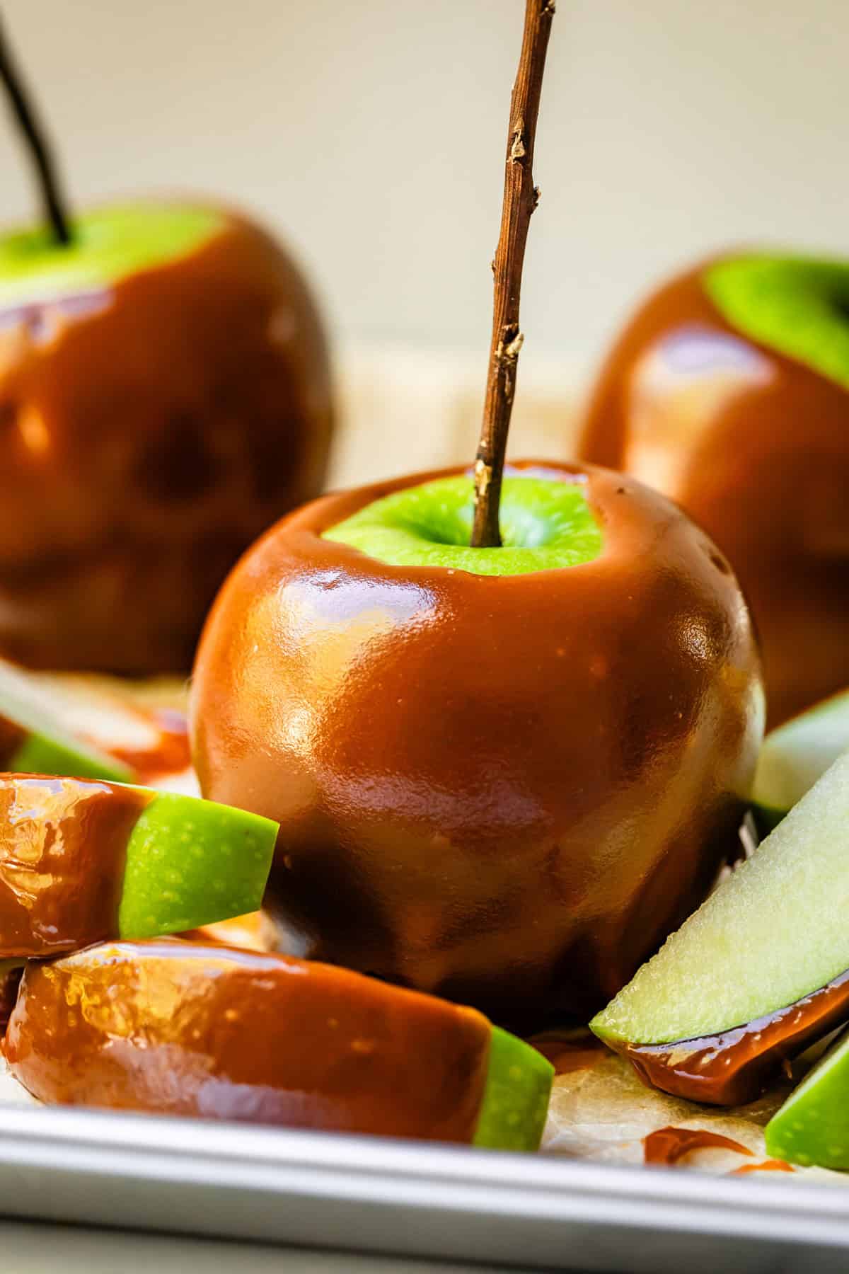 Beautifully glazed caramel apple with green top and twig-stick stem.