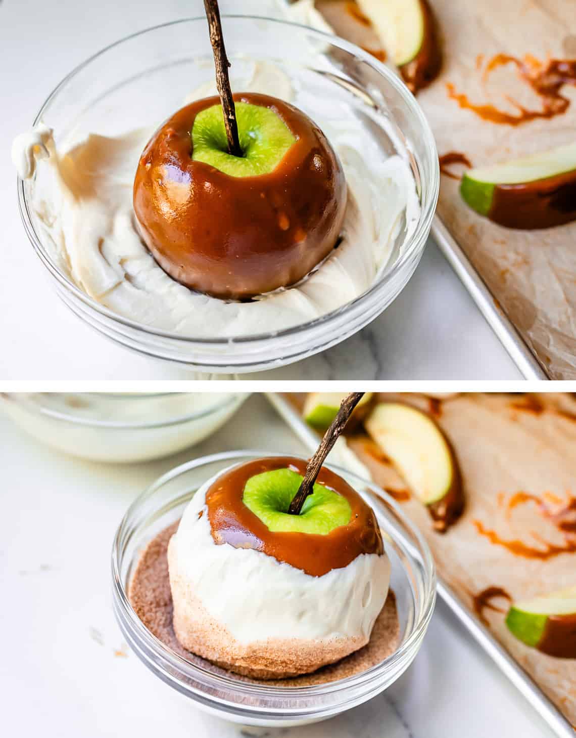 top dipping caramel apple in melted white chocolate, bottom next into cinnamon sugar.