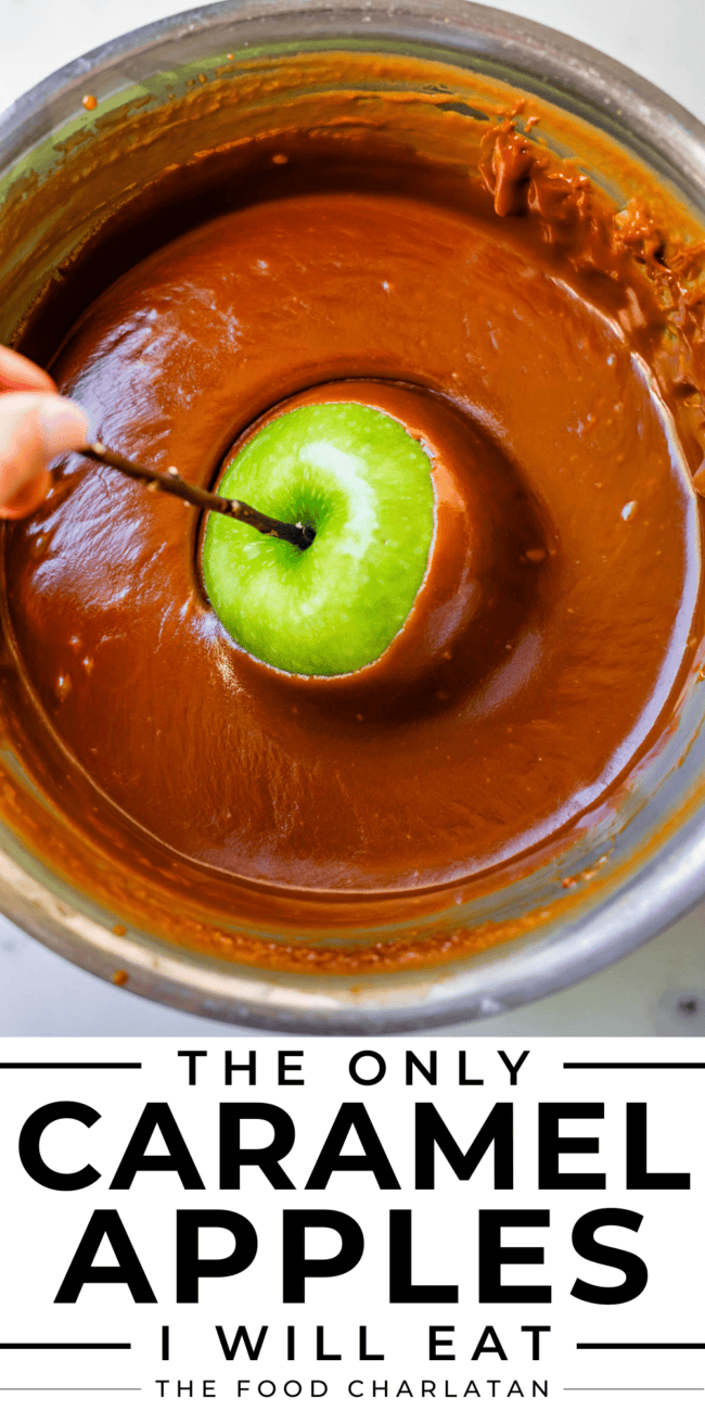 swirling a green apple in caramel, shot from overhead.