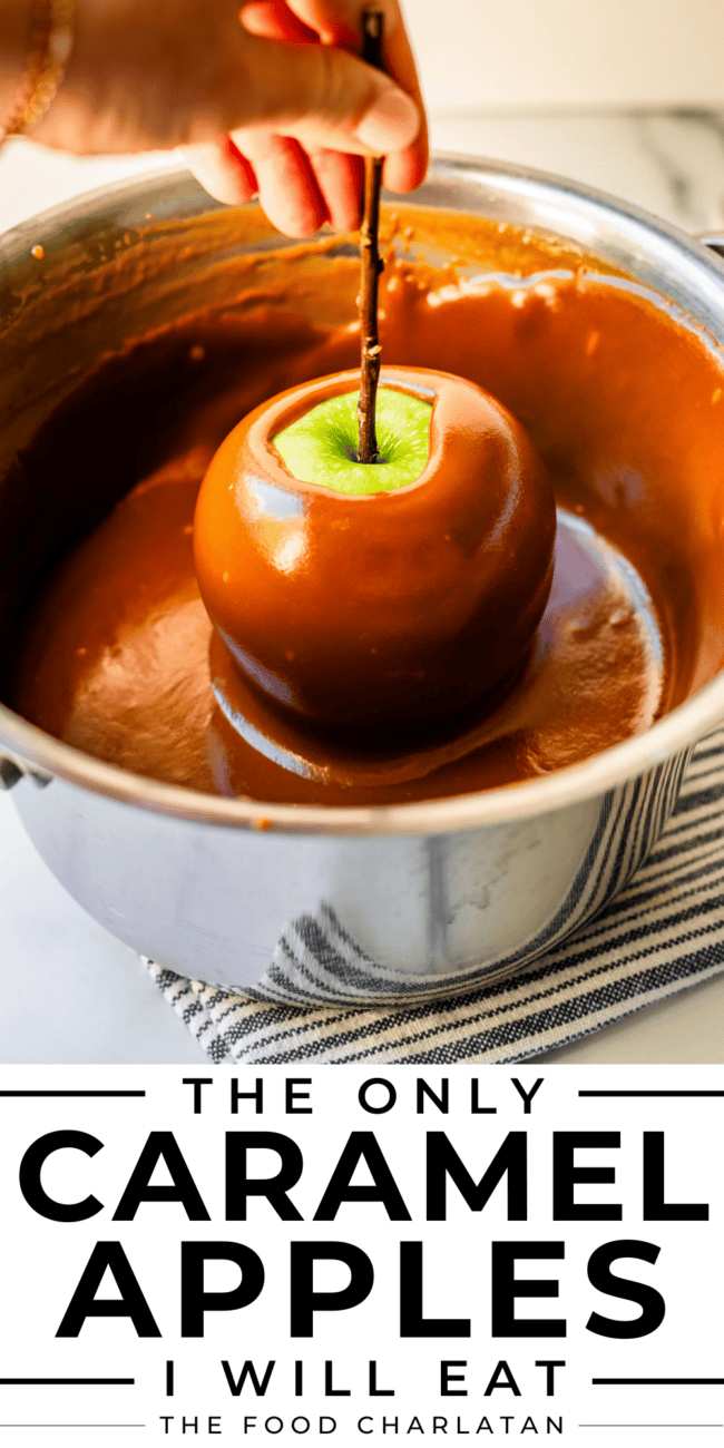 pin image of dipping a green apple in a silver pot of caramel.
